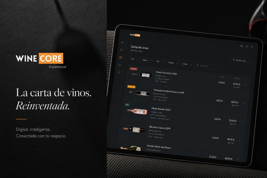 WineCore digital wine list with filters and highlighted references