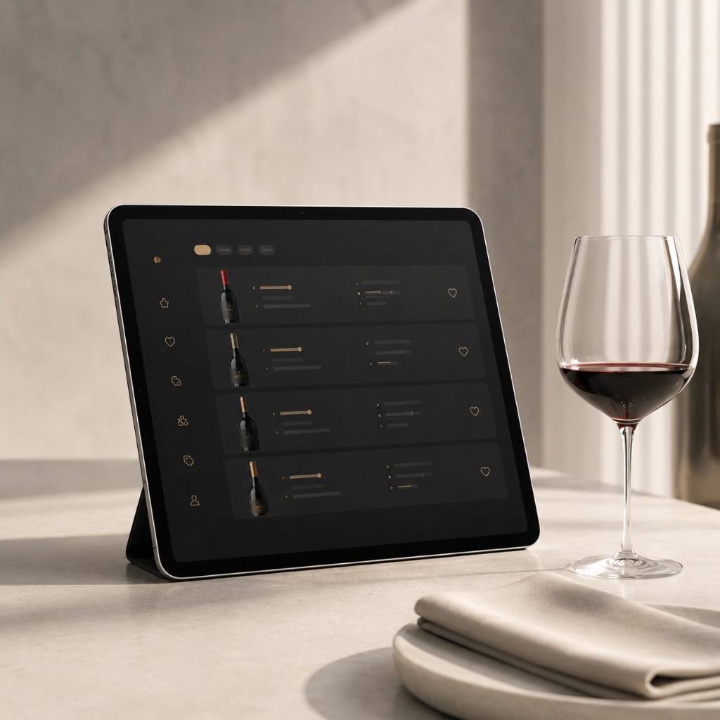 Carta de vinos digital WineCore en una tablet sobre una mesa de restaurante