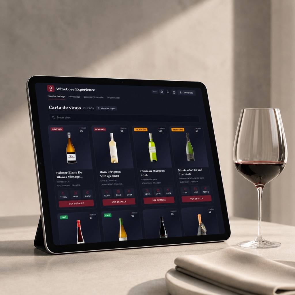 Comparador de vinos WineCore con perfiles sensoriales y recomendaciones